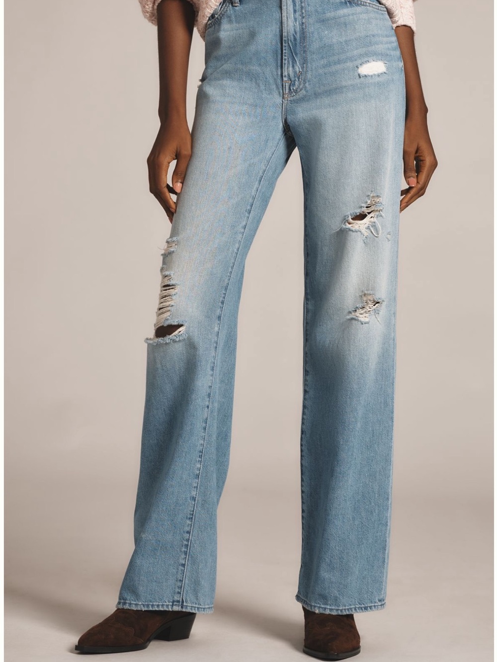 MOTHER Light Wash Distressed Wide-Leg Jeans